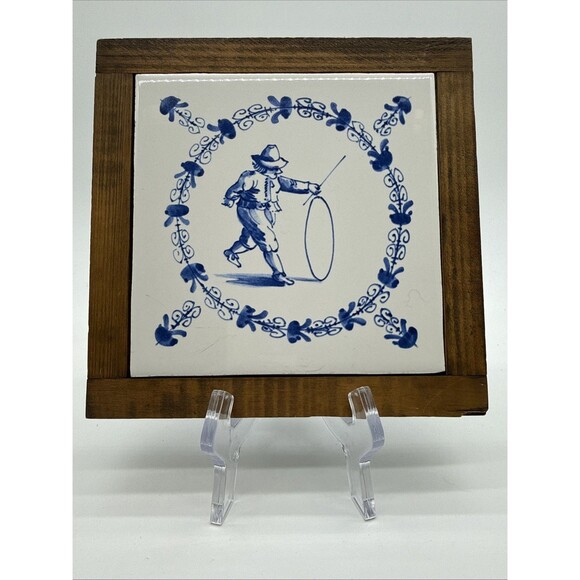 Other - Vtg Delft blue & white ceramic Framed Tile Boy Playing Hoop By Paul Gervais